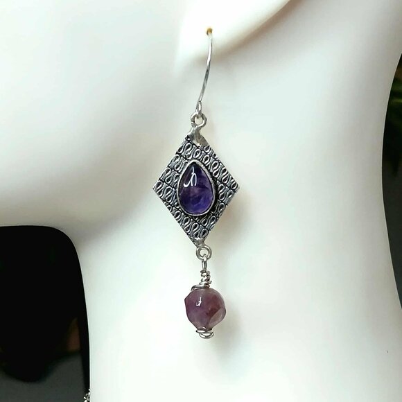 Amethyst Gemstone Dangle Earrings, Artisan Boho Chic Statement 3" - Picture 1 of 6
